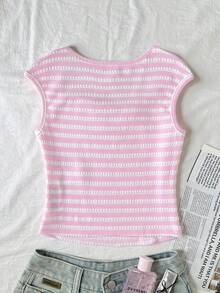 SHEIN 少女休闲日常舒适条纹背心 - 粉色 - 查看 2