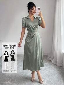 Modelyn Petite 女款夏季優雅純色交叉領花瓣袖仿珍珠裝飾抓皺腰長洋裝 - 綠色 - 查看 2