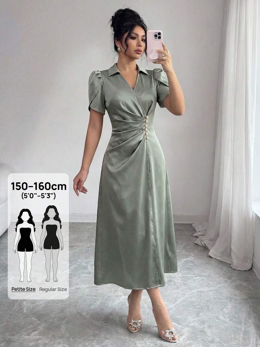 Modelyn Petite 女款夏季優雅純色交叉領花瓣袖仿珍珠裝飾抓皺腰長洋裝