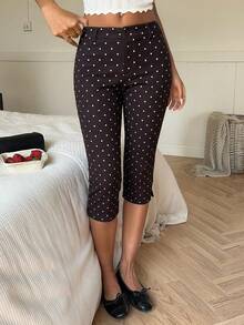 SHEIN EZwear 女士咖啡棕色波点印花修身裤 - 咖啡棕 - 查看 5