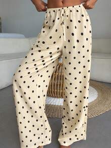 Livesso Quần pajama nữ in chấm bi, kiểu dáng rộng rãi, thắt nút, phong cách thường ngày. - Màu vàng - Xem 4