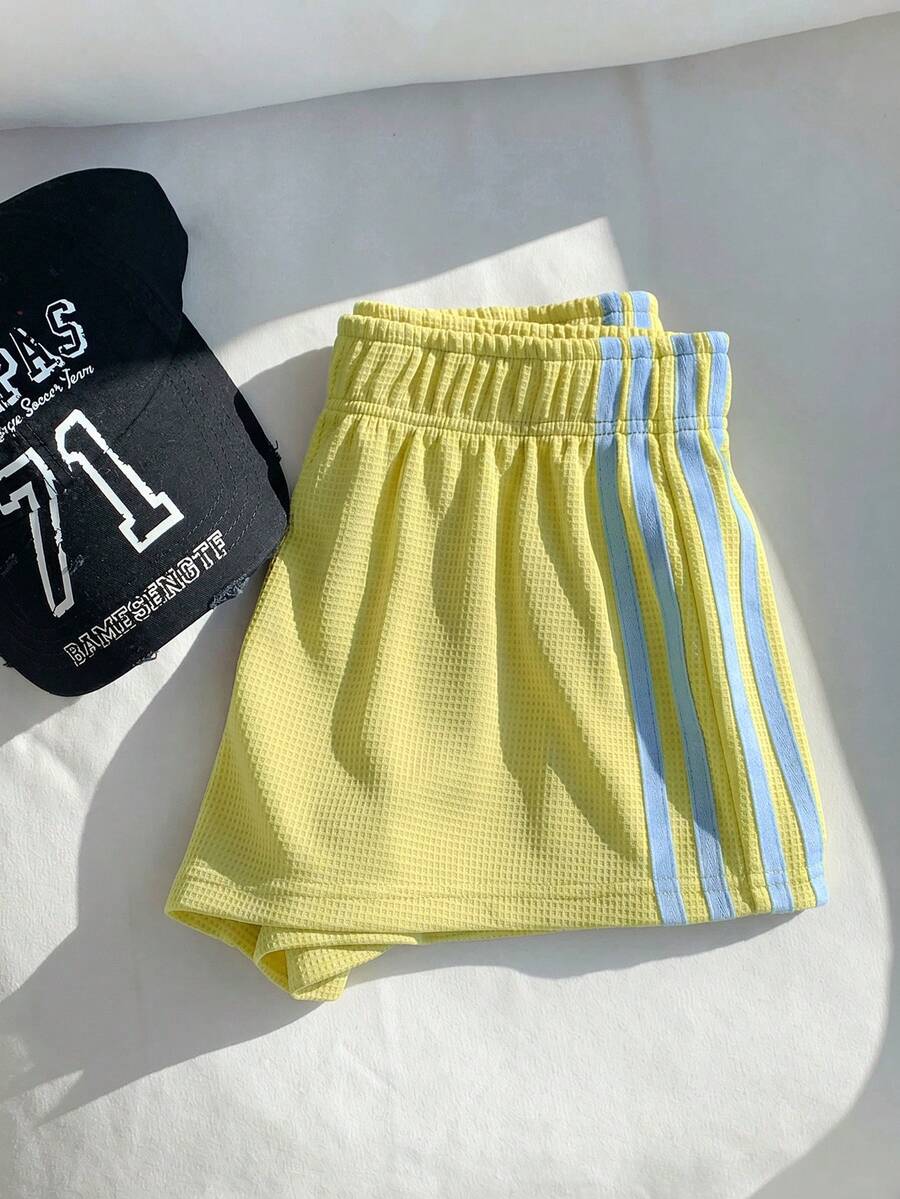 Comfortcana Women's Summer Casual Sports Everyday Commute Waffle Fabric Yellow Contrast Blue Stripe Side Loose Shorts - Yellow - View 1