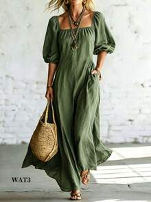 Trelyra Women's Casual Solid Color Dress - Dark Green - View 4