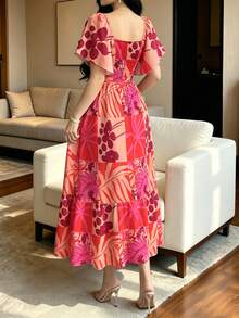 Modelyn 玳瑁竹子花卉图案法式印花连衣裙，女士时尚方领短袖连衣裙，荷叶边拼接下摆设计，玫瑰红与卡其色撞色连衣裙，夏季度假风波西米亚连衣裙 - 彩色 - 查看 2