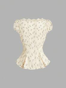 Sweetra Plus Size Women Ditsy Floral Contrast Lace Cap Sleeve Single-Breasted Shirt - Beige - View 2