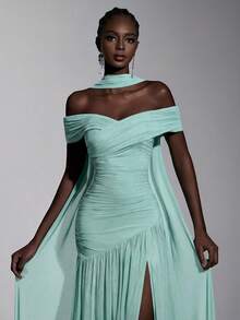 Elitara Elegant Minimalist Asymmetric Shoulder Ruched Split A-Line High Slit Dress,Suitable For Weddings,Formal Events,Galas,Evening Parties - Mint Blue - View 6