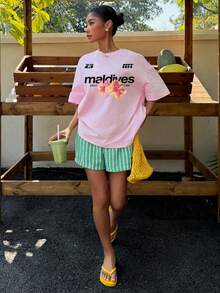Muchica Áo thun cotton màu hồng dáng rộng cổ tròn, phong cách tối giản thường ngày, kiểu dáng thể thao, in chữ hoa nhiệt đới, tay ngắn, dáng rộng cho nữ, đa năng cho mùa xuân/hè. - Màu Hồng baby - Xem 2