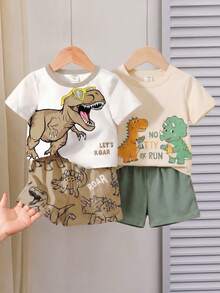 Baby Boy Dinosaur Print Round Neck Short Sleeve T-Shirt And Shorts Set, Casual Minimalist, Suitable For Spring/Summer - Multicolor - View 3