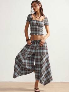 Bohemela Women's Casual Woven Plaid Loose Wide-Leg Pants - Multicolor - View 5