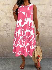 Linhara CURVE Plus Size Women Geometric Print Round Neck Casual Sleeveless Dress - Pink - View 3