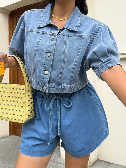 Rivivi Women's Retro Loose Fit Denim Short Jacket With Puff Sleeves, Korean Style