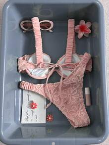 Swim Mod 女士甜美黄色纹理面料吊带性感短裤沙滩比基尼套装，春夏款 - 粉色 - 查看 2