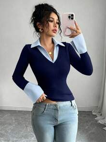 SHEIN Raffinéa 蓝色条纹印花撞色女式简约V领Polo衫，弹力修身打底，适合休闲、夜店、商务休闲、音乐会、办公室等场合穿着，尽显老钱风范。纯色罗纹针织面料，高弹力，超柔软舒适，亲肤贴身，修身剪裁，休闲日常性感派对街头度假旅行约会必备，春夏秋冬新款喇叭袖长袖T恤。 - 藏蓝色 - 查看 5