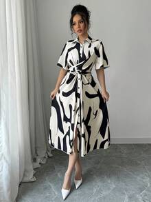 Selianne 女士度假印花单排扣褶裥系带时尚连衣裙 - 黑色 - 查看 7