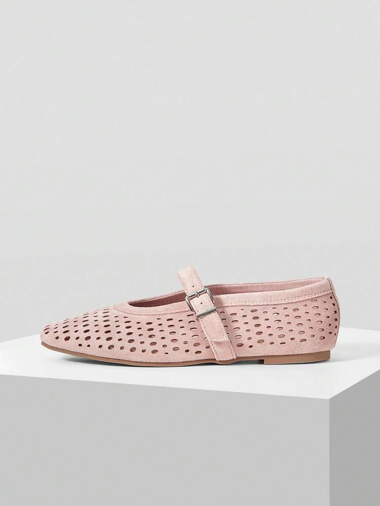 WOMEN'S NEW FRENCH SUEDE HOLLOW BUCKLE WITH ROUND HEAD FLATS, PINK VERSATILE GENTLE ELEGANCE LIGHTWEIGHT COMFORT FAIRY STYLE VACATION MARY JANE SHOES