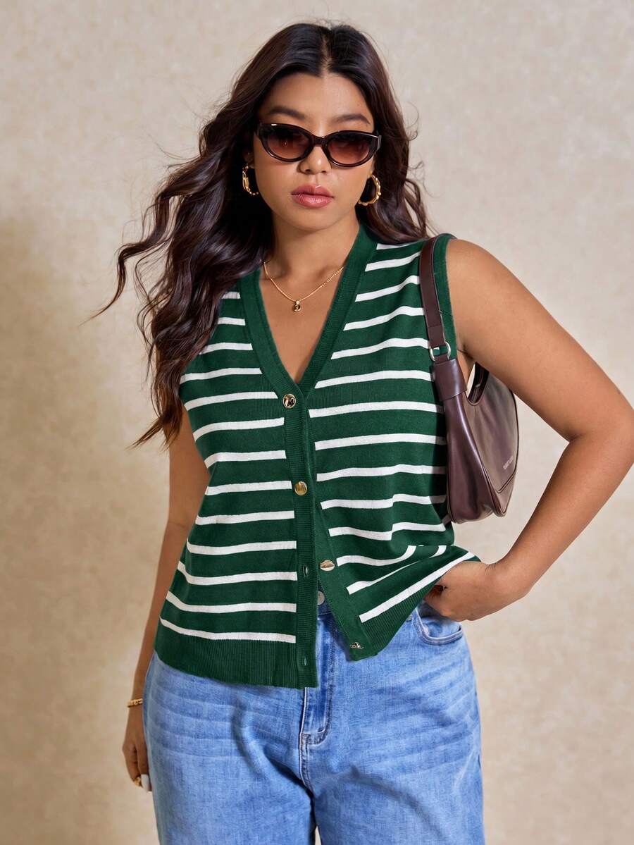 Elaquor Plus Size Women Striped Single-Breasted Casual Knitted Vest In Fall/Winter - Dark Green - View 1