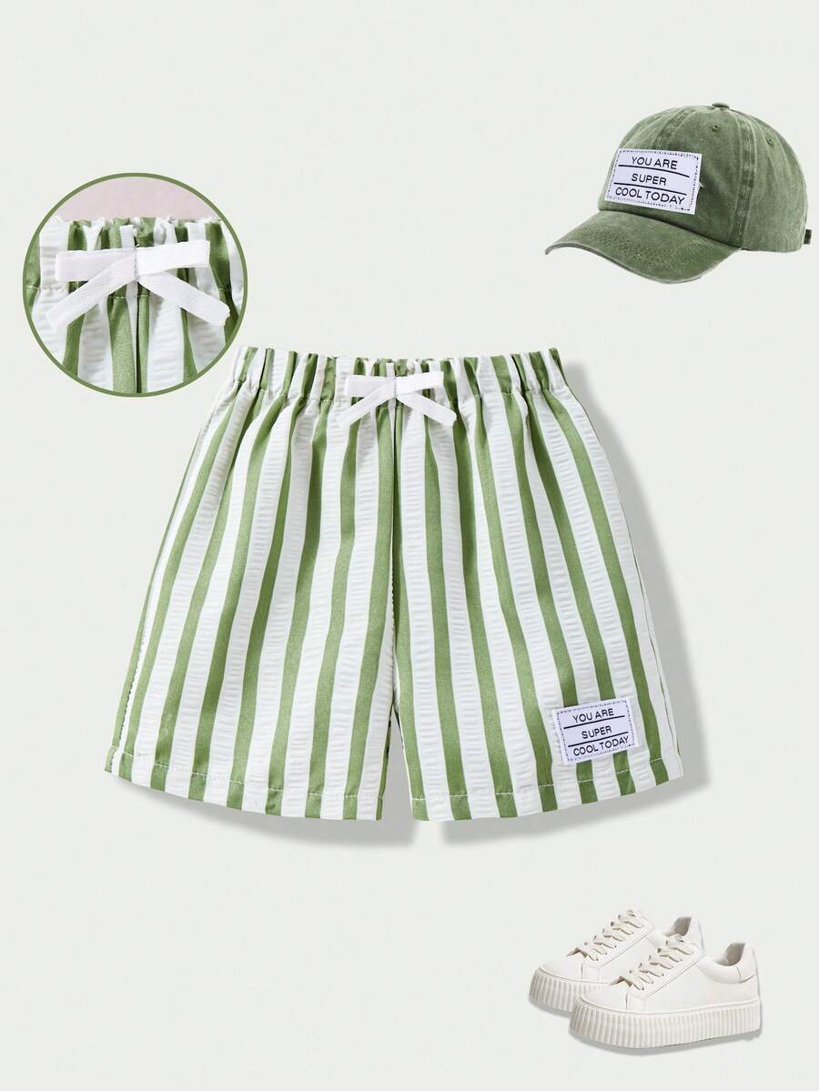 SHEIN 1pc Young BoyWoven Striped Casual Shorts, Decorative Patch, Relaxed Holiday Style, Suitable For Spring/Summer Daily Wear - Green - View 1