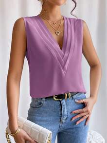 EMERY ROSE Casual Solid Color Sleeveless Shirt For Summer Women's Outfits Blouse Women Elegant Tops Beautiful Top,Summer Classy - Purple - View 4