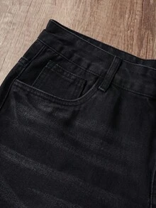 Manfinity Joysei Pantalones cortos de mezclilla desgastados de estilo casual urbano para hombres - Negro - Ver 3