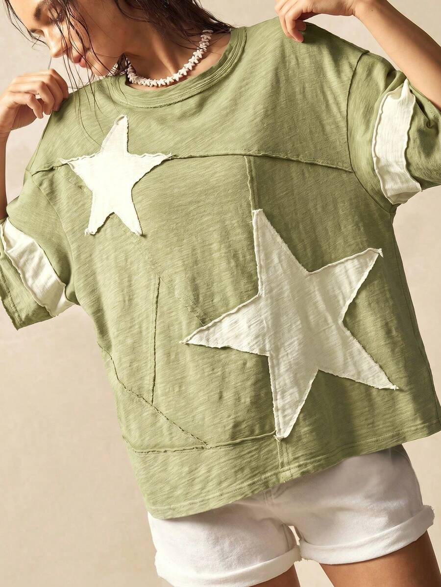 Bohemela Plus Size Women Summer Casual Fashionable Street Daily Commute Contrast Color Star Patch Loose T-Shirt - Army Green - View 1