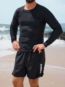 DAZY Black Long Sleeve Fitted Suit With Faux Shorts, Vacation Style Men's New Beach Set Summer - Black - View 3