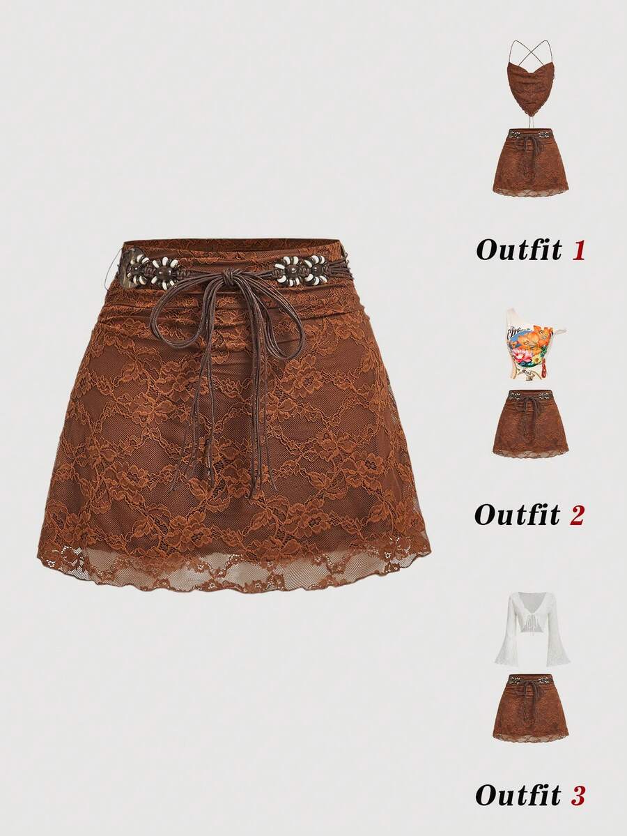 SHEIN MOD Chân váy ren thắt eo kiểu dáng thường ngày dành cho nữ, thích hợp cho kỳ nghỉ. - màu nâu - Xem 1