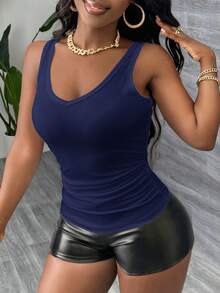 Slaydiva Casual Basic Racerback Sleeveless Deep V-Neck Ribbed Camisole,Summer Top - Navy Blue - View 4