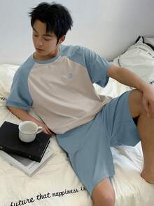 DAZY Letter & Print Patchwork Contrast Color Soft Fabric Men's Pajama Set, Summer - Blue and White - View 5