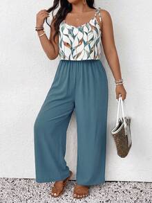 SHEIN Frenchy Plus Size Summer Casual Green Leaf Print Jumpsuit - Multicolor - View 7