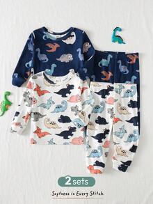 Cozy Pixies Bộ đồ ngủ 4 món cho bé trai, gồm áo dài tay cổ tròn in hình khủng long hoạt hình, chất liệu vải mềm mại và quần dài cạp chun. - Nhiều màu - Xem 3