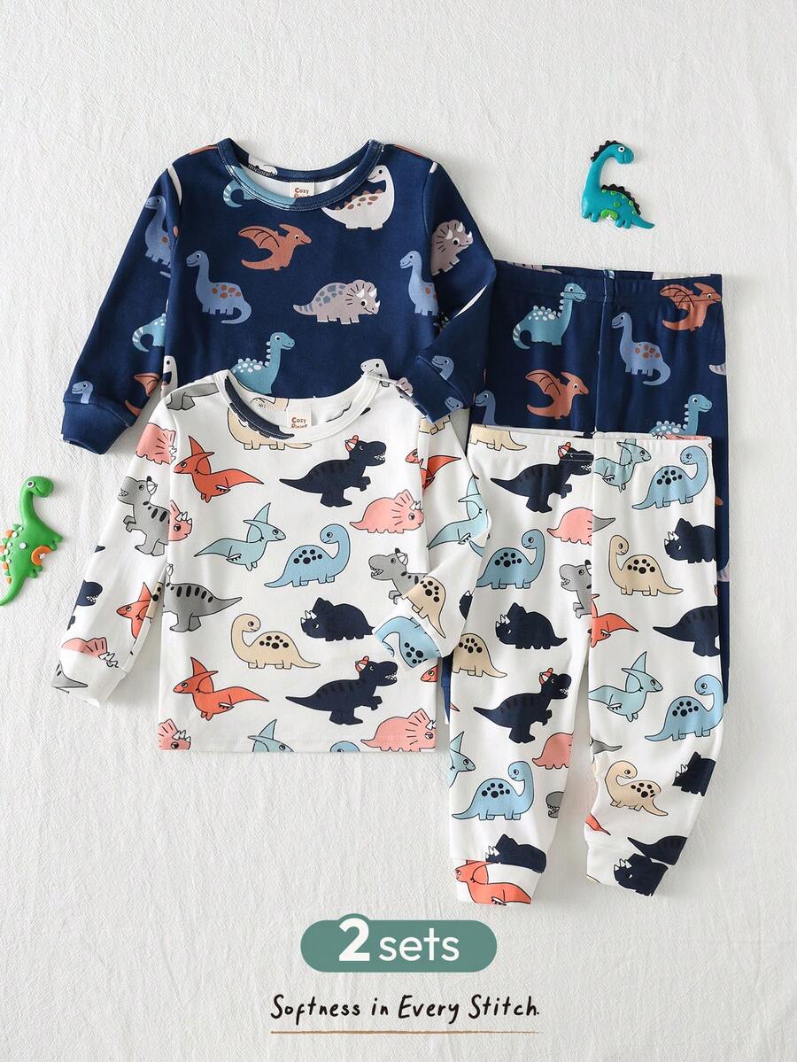Cozy Pixies Bộ đồ ngủ 4 món cho bé trai, gồm áo dài tay cổ tròn in hình khủng long hoạt hình, chất liệu vải mềm mại và quần dài cạp chun. - Nhiều màu - Xem 1