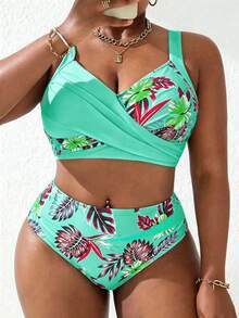 Slaydiva Plus Size Women 2pcs Mint Floral Print Tankini Swimwear Set, Summer Beach Holiday - Multicolor - View 4