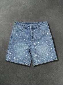 Manfinity EMRG Men's American Street Style Distressed Washed Denim Shorts With Rhinestone Embellishment, Holiday - Light Wash - View 6