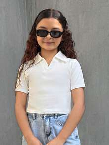 Dazy Kids Tween Girls' Collared Short Sleeve Fitted T-Shirt Summer - White - View 5