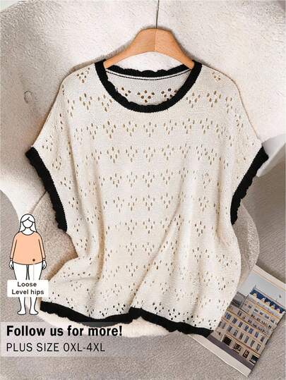 CosyJoli Suéter holgado de punto casual de talla grande para verano, tejido transpirable de calado para salidas de verano, ropa de verano linda con mangas de murciélago, parte superior con recorte en color albaricoque, ropa de vacaciones para mujer.