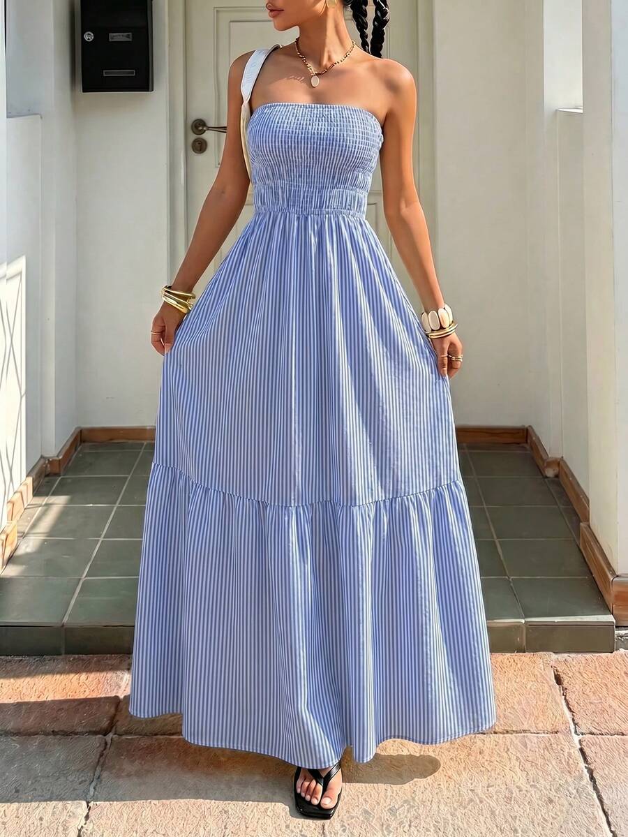 Breezaya Women's Casual Vacation Elegant Strapless Striped Waist A-Line Split Ruffle Dress, Suitable For Spring/Summer Daily Wear - Blue and White - View 1