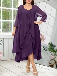 Reflora Plus Size Elegant Party Formal Wedding Guest Solid Color Jacket With Ruffle Trim Spaghetti Strap Wrap Dress 2-Piece Set Dark Purple Autumn Fall - Purple - View 7