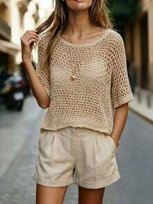 EMERY ROSE Women's Hollow Out Casual Knit Top, Suitable For Daily Wear And Beach - Khaki - View 4