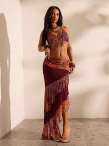 Opulessa Women's Summer Vacation Asymmetric Hem Tassel Detail Skirt - Brown - View 7