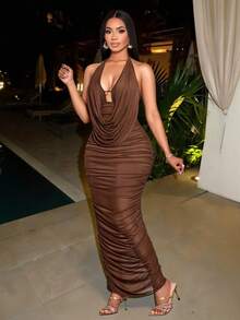 SOLERSUN Women's Halter-Neck Mesh Dress,Shades Of Brown,Summer,Night Out Elegant Fitted Ruched Long Party Dress,Petite Vintage Nightclub Vacation Style - Brown - View 2