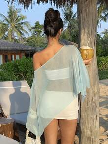 Sunnyshic Áo choàng poncho lưới màu xanh dương dành cho nữ, thiết kế bất đối xứng vai, trang phục đi biển đa năng, đồ mặc thường ngày mùa hè, thích hợp cho mùa xuân/hè. - Màu xanh Bạc hà - Xem 2