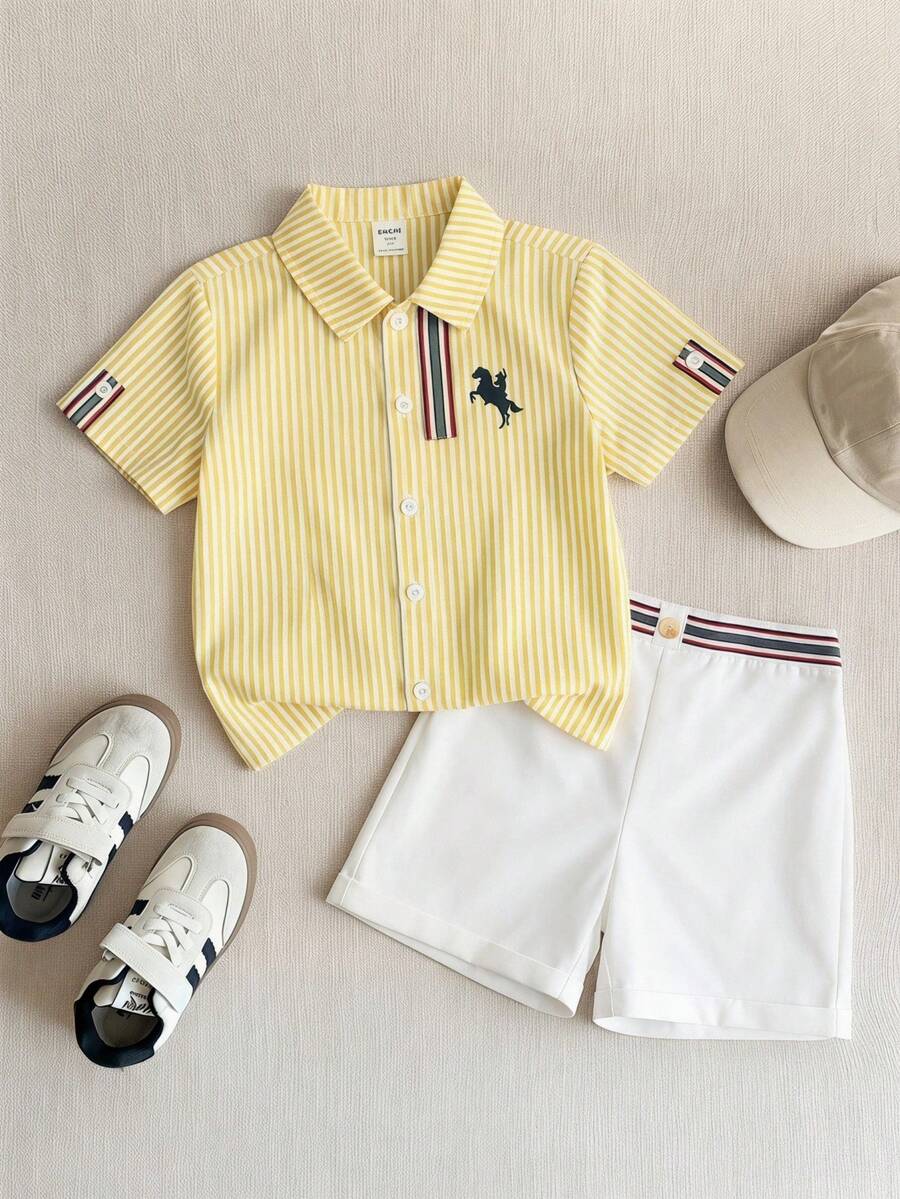 PrepCrw 2 件/套平价休闲运动学院风彩色条纹丝带装饰 Polo 领短袖衬衫和卡其色梭织短裤套装，适合日常穿着、运动、郊游、校园、聚会、节日、拍照、返校季、春夏季