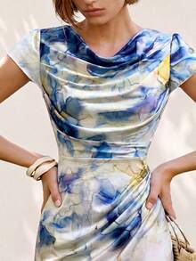 Airaco Đầm midi dệt kim ngắn tay, thắt eo, in họa tiết tie-dye thời trang mùa hè. - Nhiều màu - Xem 1