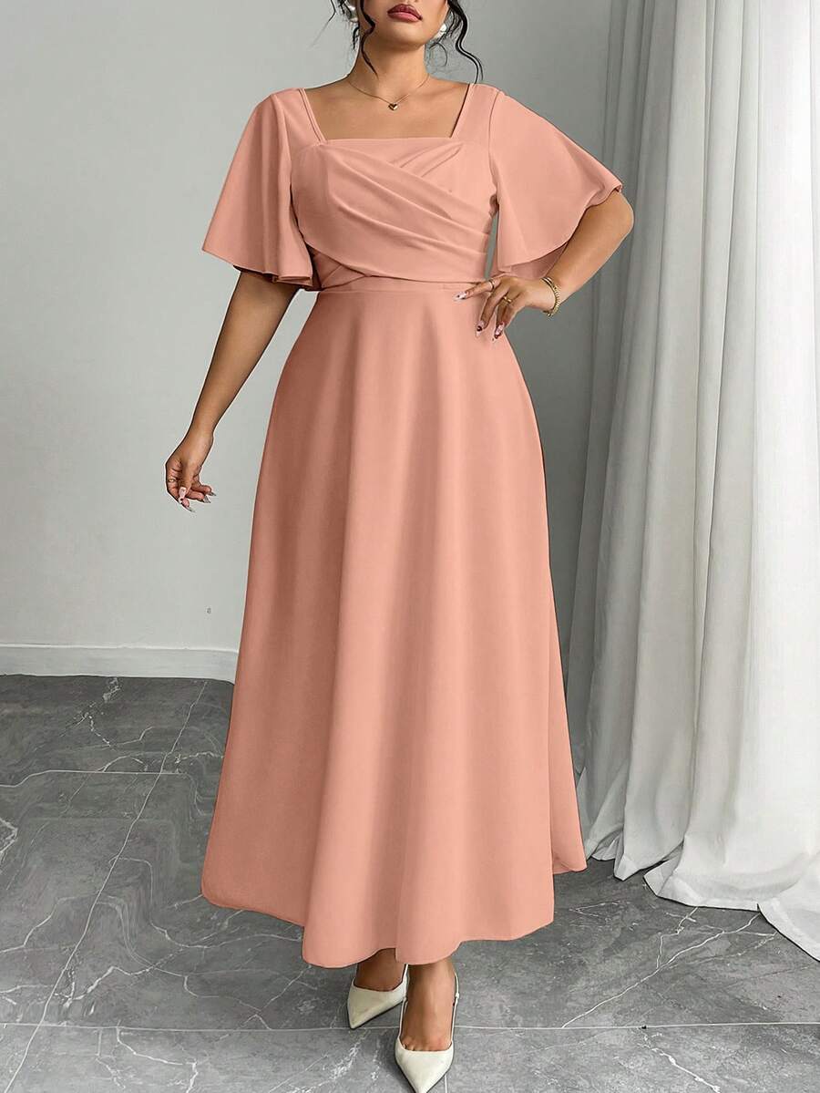 Modelyn Plus Size Women's Ruched Waist A-Line Dress, Elegant & Graceful For Vacation Elegant Dresses For Women - Pink - View 1