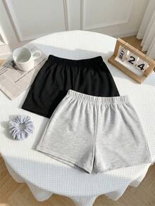 SHEIN 2pcs Tween Girls' Solid Color Knit Casual Shorts Set - Multicolor - View 7