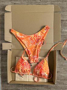 Swim Mod Summer Vacation Sexy Fashion Allover Shell Print Halter Tie Two Pieces Bikini Set - Multicolor - View 3