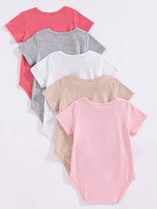 SHEIN Bộ 5 món áo liền quần cổ tròn màu trơn mềm mại và thoải mái cho bé gái, kiểu dáng thời trang thường ngày, dễ mặc vào/cởi ra, phù hợp cho mùa xuân/hè. - Nhiều màu - Xem 2
