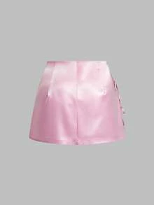Sweetra Plus Size Women Summer Casual Vacation Sweet Cute Solid Color Satin Side Knot A-Line Skirt - Pink - View 2