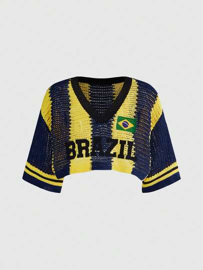 ROMWE Top Cropped de Tricô Folgada nas Cores da Copa do Mundo de Verão do Brasil