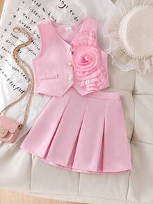 SHEIN Elladie kids 小女孩甜美粉色无袖珍珠纽扣背心+蝴蝶结百褶裙两件套，优雅休闲夏季套装 - 粉色 - 查看 8